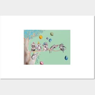 Koala Watercolor Painting, The Koalas Birthday Party - on Mint Green Posters and Art